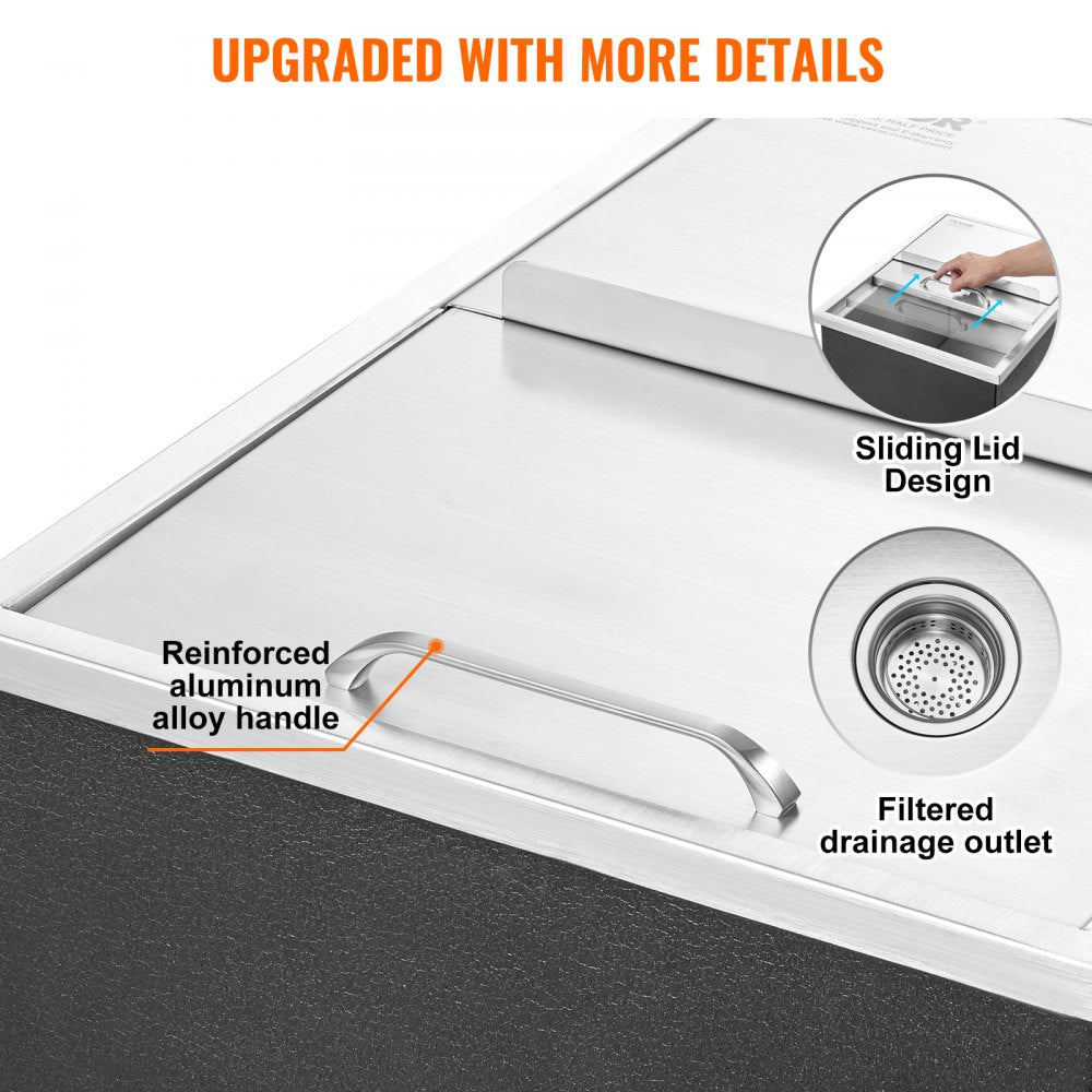 VEVOR Drop in Ice Chest, 24"L x 18"W x 13"H Stainless Steel Ice Cooler, Commercial Ice Bin with Sliding Cover, 40.9 qt