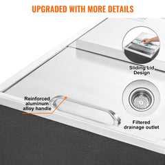 VEVOR Drop in Ice Chest, 24"L x 18"W x 13"H Stainless Steel Ice Cooler, Commercial Ice Bin with Sliding Cover, 40.9 qt