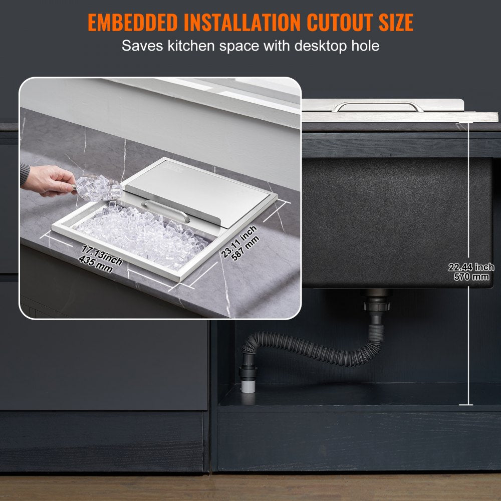VEVOR Drop in Ice Chest, 24"L x 18"W x 13"H Stainless Steel Ice Cooler, Commercial Ice Bin with Sliding Cover, 40.9 qt
