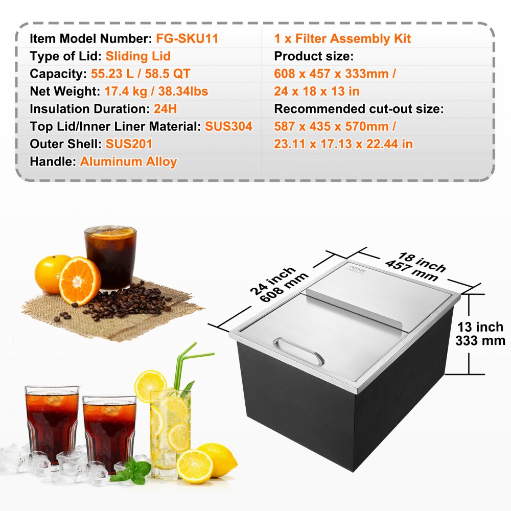 VEVOR Drop in Ice Chest, 24"L x 18"W x 13"H Stainless Steel Ice Cooler, Commercial Ice Bin with Sliding Cover, 40.9 qt