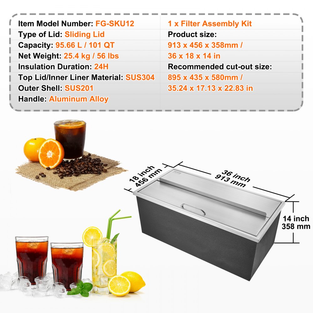 VEVOR Drop in Ice Chest, 36"L x 18"W x 14"H Stainless Steel Ice Cooler, Commercial Ice Bin with Sliding Cover, 40.9 qt