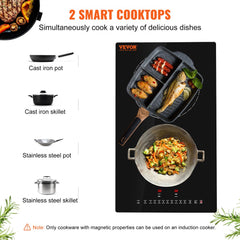 VEVOR Electric Cooktop, 2 Burners, 12'' Induction Stove Top, Built-in Magnetic Cooktop 3000W, 9 Heating Level