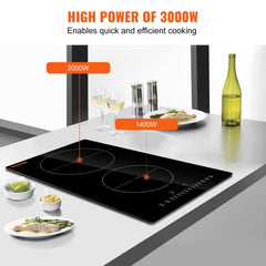 VEVOR Electric Cooktop, 2 Burners, 12'' Induction Stove Top, Built-in Magnetic Cooktop 3000W, 9 Heating Level