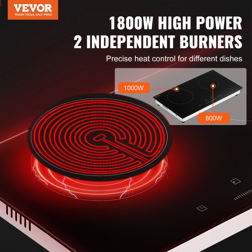 VEVOR Electric Cooktop, 24 inch 2 Burners Built-in Electric Stove Top, 1800W Ceramic Top Radiant Cooktop with Glass