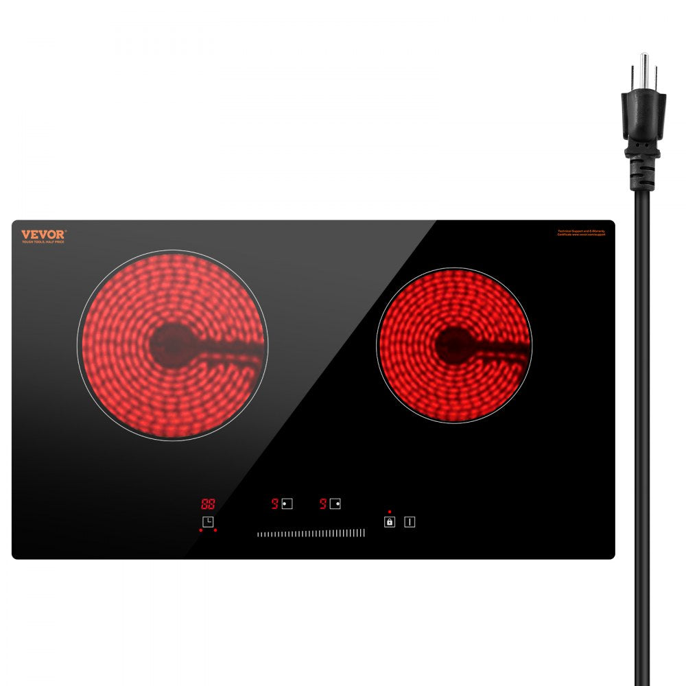 VEVOR Electric Cooktop, 24 inch 2 Burners Built-in Electric Stove Top, 1800W Ceramic Top Radiant Cooktop with Glass