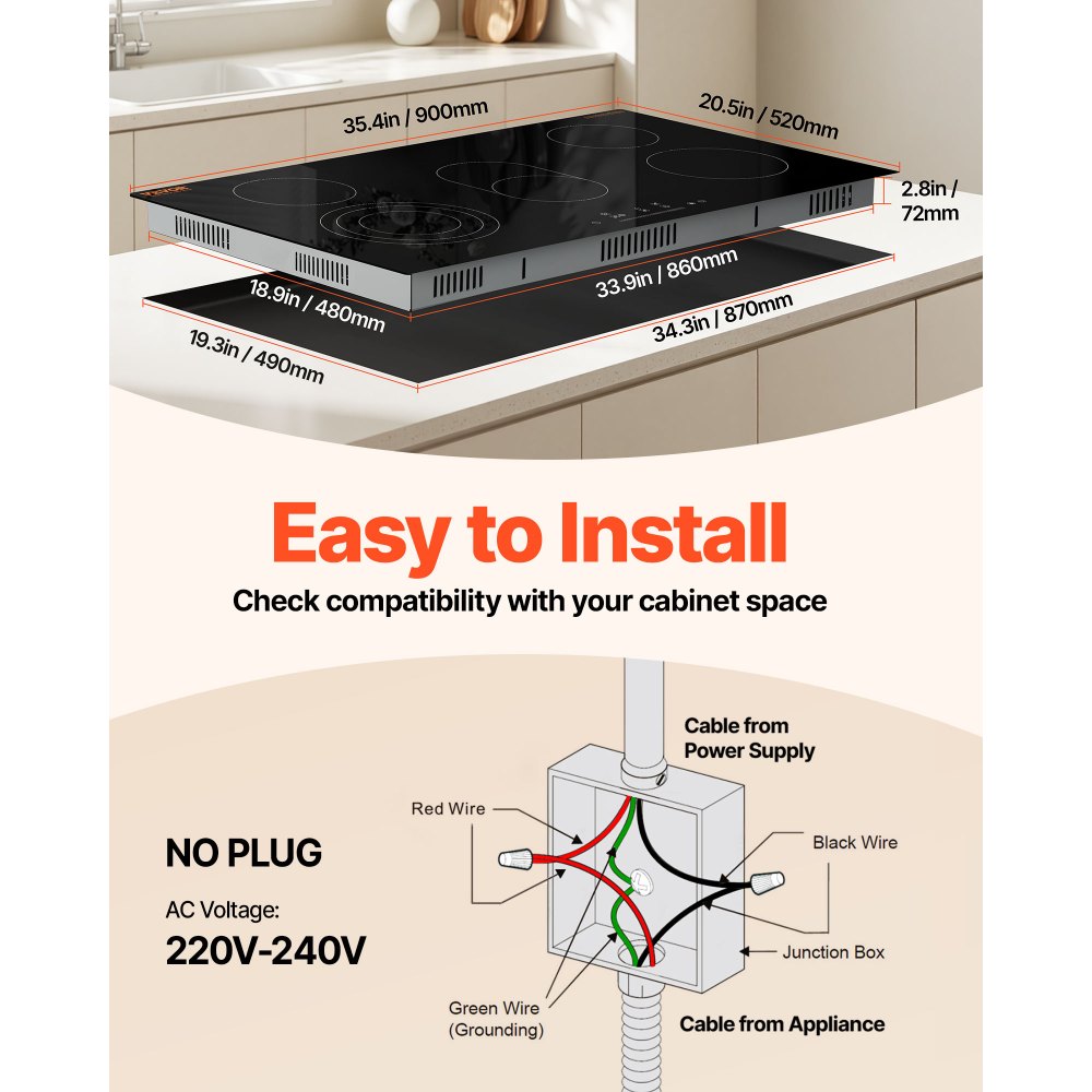 VEVOR Electric Cooktop, 36 inch 5 Burners Built-in Electric Stove Top, 8600W Ceramic Top Radiant Cooktop with Glass