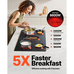 VEVOR Electric Cooktop, 36 inch 5 Burners Built-in Electric Stove Top, 8600W Ceramic Top Radiant Cooktop with Glass