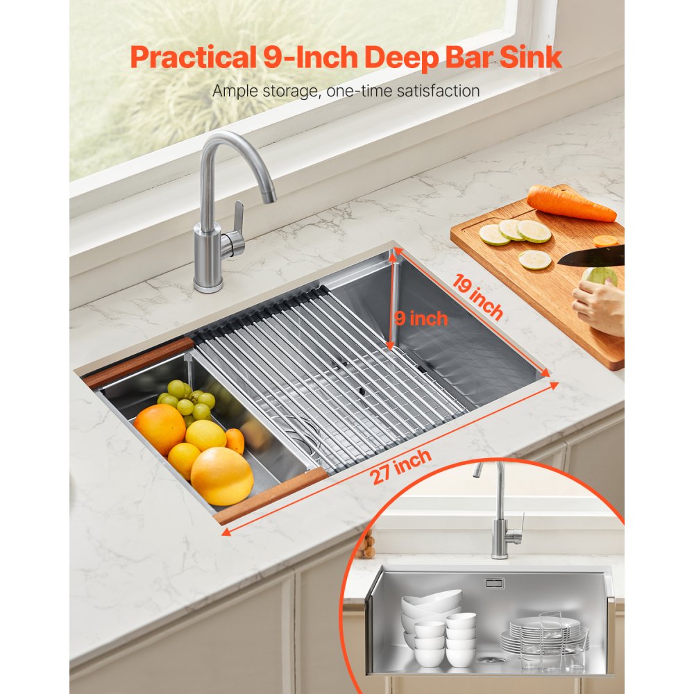 VEVOR 27 inch Kitchen Sink Workstation, 304 Stainless Steel Undermount Sink, Drop-In Single Bowl Farmhouse Basin with