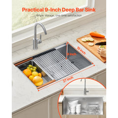 VEVOR 27 inch Kitchen Sink Workstation, 304 Stainless Steel Undermount Sink, Drop-In Single Bowl Farmhouse Basin with