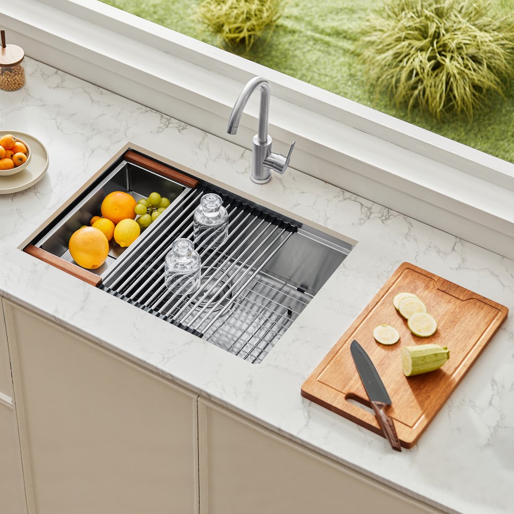 VEVOR 27 inch Kitchen Sink Workstation, 304 Stainless Steel Undermount Sink, Drop-In Single Bowl Farmhouse Basin with