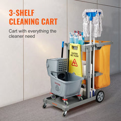 VEVOR Cleaning Cart, 3-Shelf Commercial Janitorial Cart, 200 lbs Capacity Plastic Housekeeping Cart, with 25 Gallon PVC