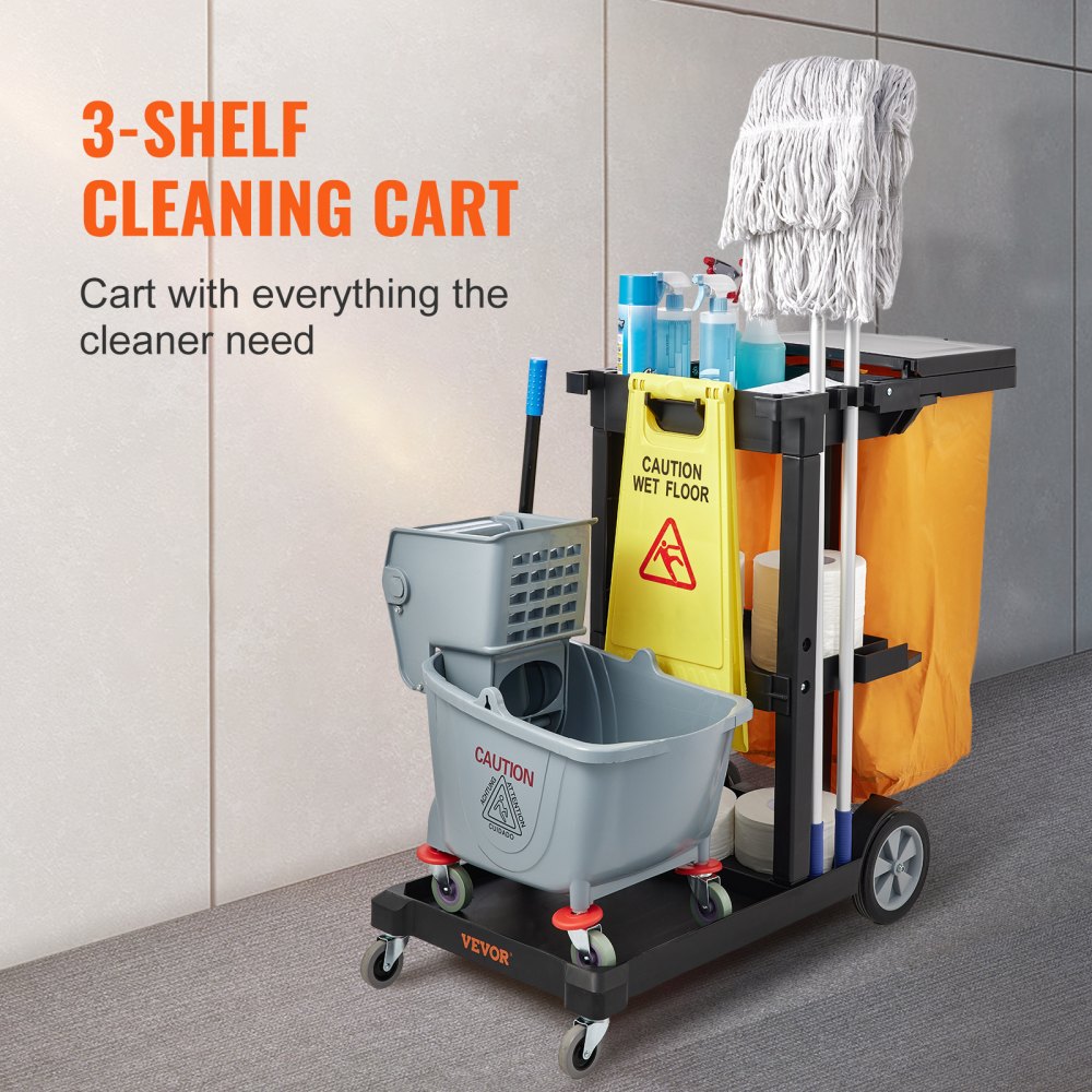 VEVOR Cleaning Cart, 3-Shelf Commercial Janitorial Cart, 200 lbs Capacity Plastic Housekeeping Cart, with 25 Gallon PVC