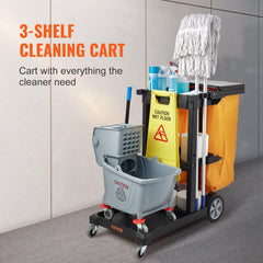 VEVOR Cleaning Cart, 3-Shelf Commercial Janitorial Cart, 200 lbs Capacity Plastic Housekeeping Cart, with 25 Gallon PVC