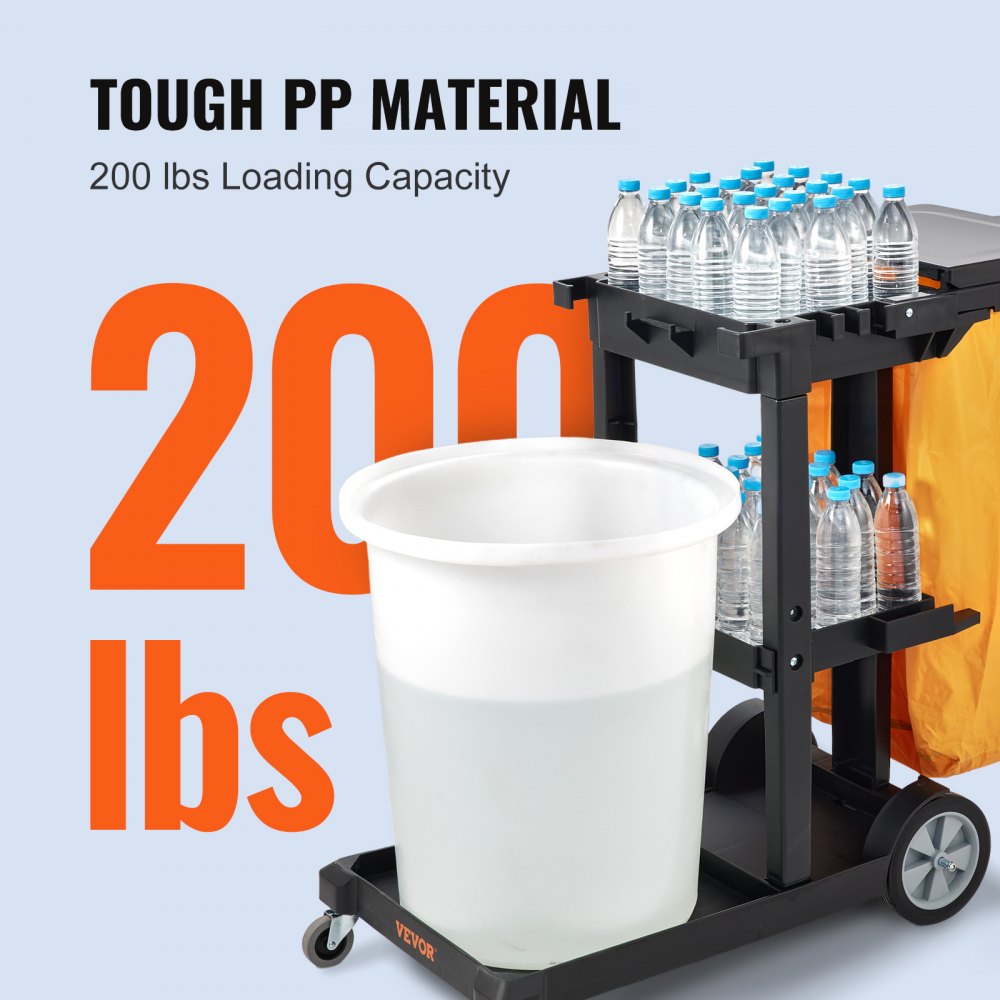 VEVOR Cleaning Cart, 3-Shelf Commercial Janitorial Cart, 200 lbs Capacity Plastic Housekeeping Cart, with 25 Gallon PVC