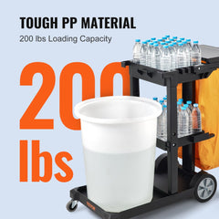 VEVOR Cleaning Cart, 3-Shelf Commercial Janitorial Cart, 200 lbs Capacity Plastic Housekeeping Cart, with 25 Gallon PVC