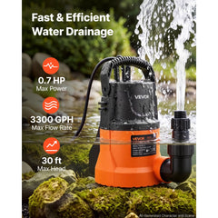 VEVOR Submersible Water Pump 0.7 HP 3300 GPH Portable Utility Sump Pump, High Flow Water Removal, with 9.84 ft Power