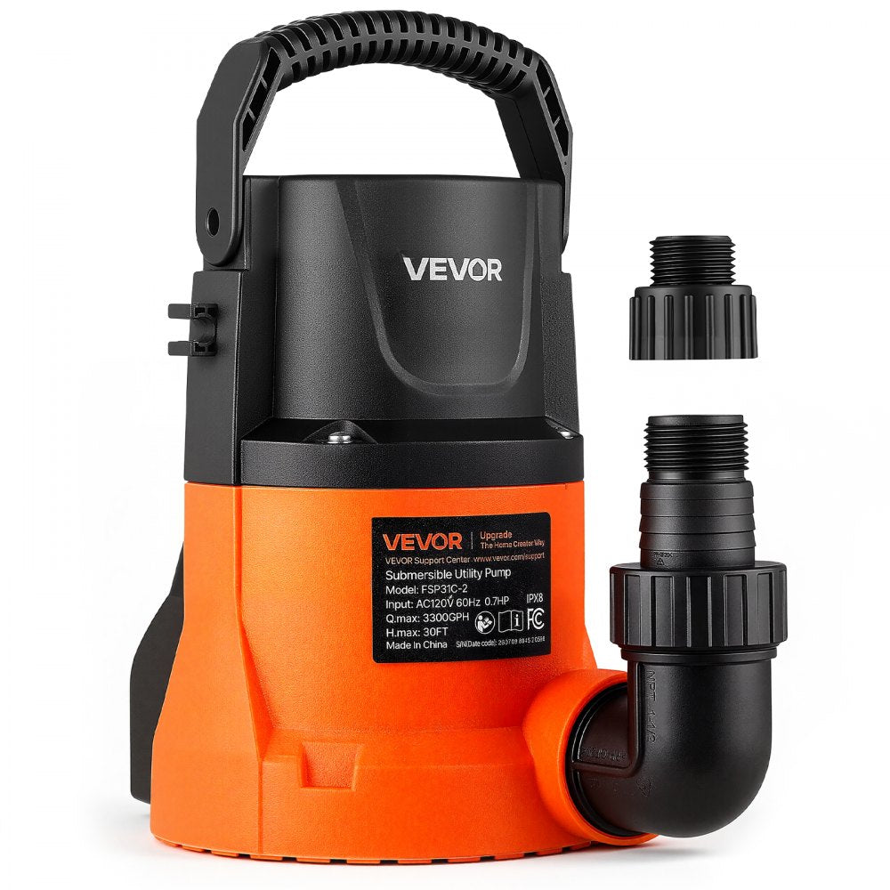 VEVOR Submersible Water Pump 0.7 HP 3300 GPH Portable Utility Sump Pump, High Flow Water Removal, with 9.84 ft Power