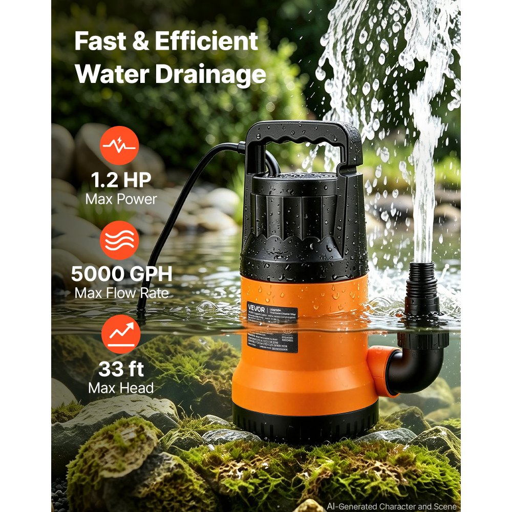 VEVOR Submersible Water Pump with 25 ft Hose 1.2 HP 5000 GPH Sump Pump, Portable Water Removal, Thermoplastic Material