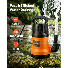 VEVOR Submersible Water Pump with 25 ft Hose 1.2 HP 5000 GPH Sump Pump, Portable Water Removal, Thermoplastic Material