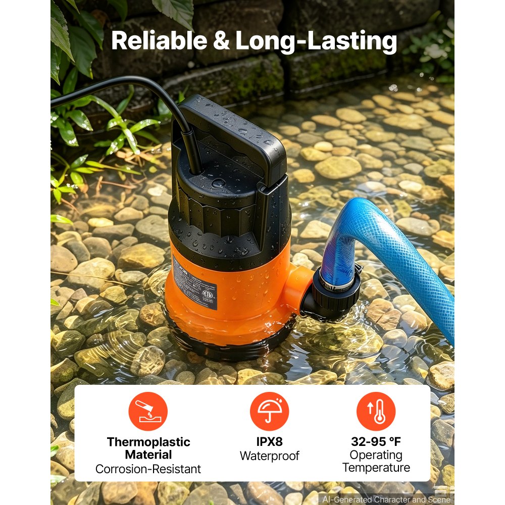 VEVOR Submersible Water Pump with 25 ft Hose 1.2 HP 5000 GPH Sump Pump, Portable Water Removal, Thermoplastic Material