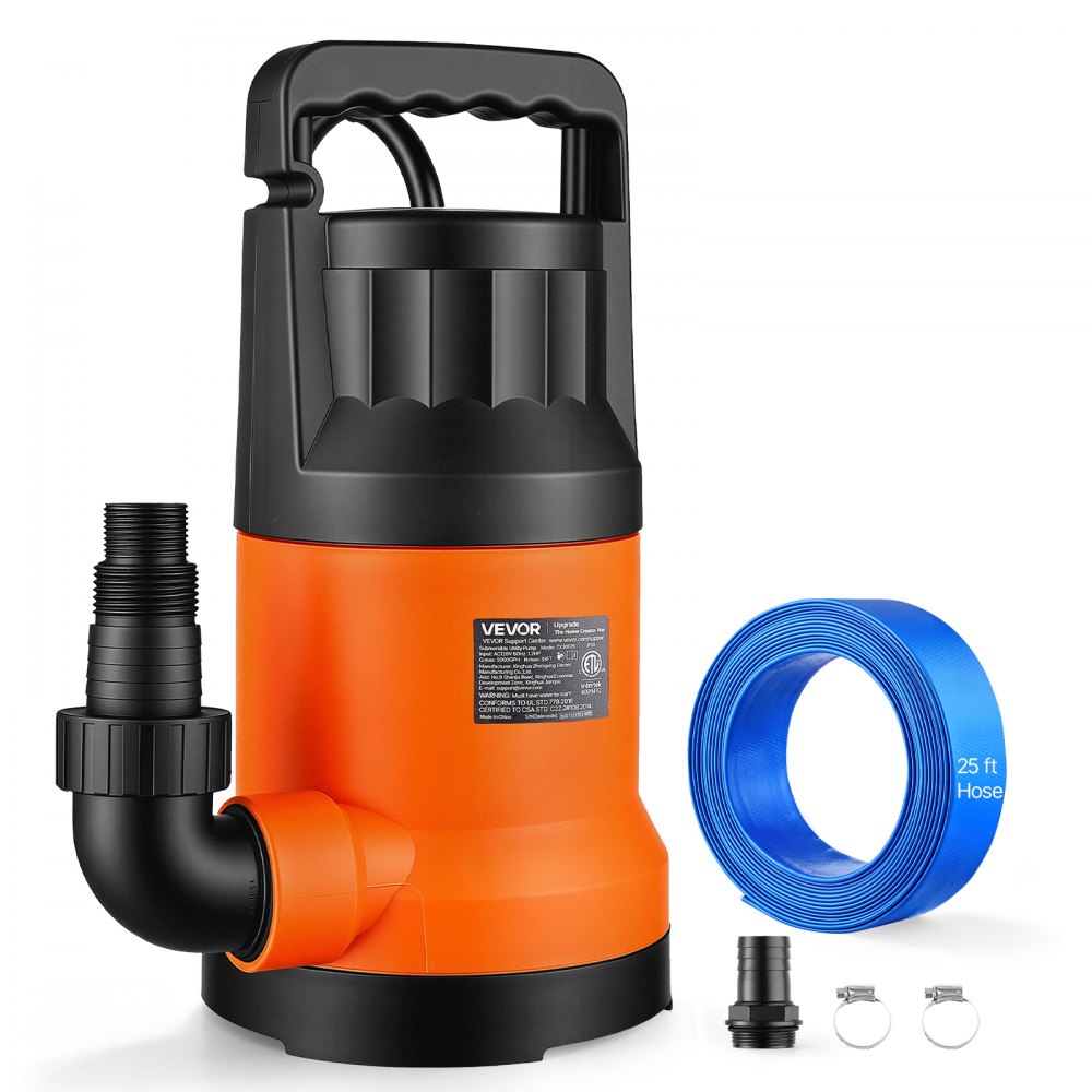 VEVOR Submersible Water Pump with 25 ft Hose 1.2 HP 5000 GPH Sump Pump, Portable Water Removal, Thermoplastic Material