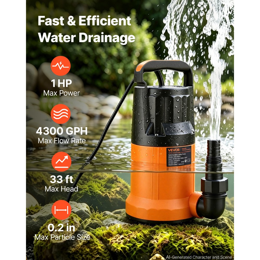 VEVOR Submersible Water Pump 1 HP 4300 GPH 33 ft Head Utility Sump Pump, Portable Water Removal, Thermoplastic