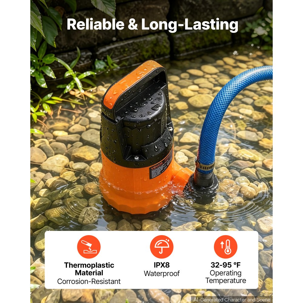 VEVOR Submersible Water Pump 1 HP 4300 GPH 33 ft Head Utility Sump Pump, Portable Water Removal, Thermoplastic