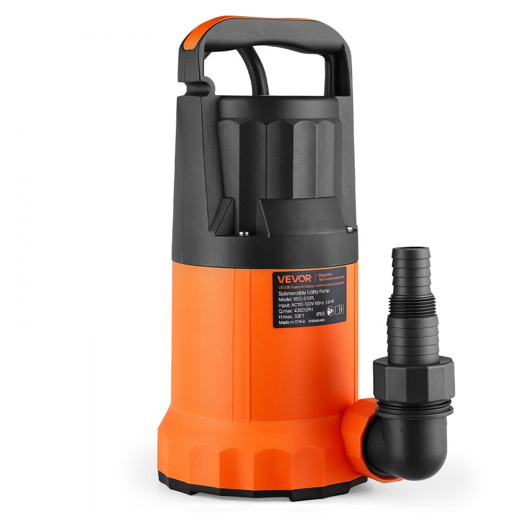 VEVOR Submersible Water Pump 1 HP 4300 GPH 33 ft Head Utility Sump Pump, Portable Water Removal, Thermoplastic