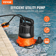 VEVOR Utility Pump, 1 HP, 4000 GPH High Flow, 31 ft Head, Sump Pump Submersible Water Pump Portable Utility Pump with