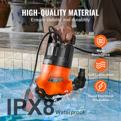 VEVOR Utility Pump, 1 HP, 4000 GPH High Flow, 31 ft Head, Sump Pump Submersible Water Pump Portable Utility Pump with