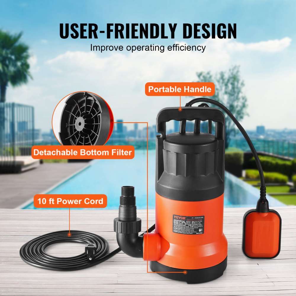 VEVOR Utility Pump, 1 HP, 4000 GPH High Flow, 31 ft Head, Sump Pump Submersible Water Pump Portable Utility Pump with