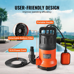 VEVOR Utility Pump, 1 HP, 4000 GPH High Flow, 31 ft Head, Sump Pump Submersible Water Pump Portable Utility Pump with