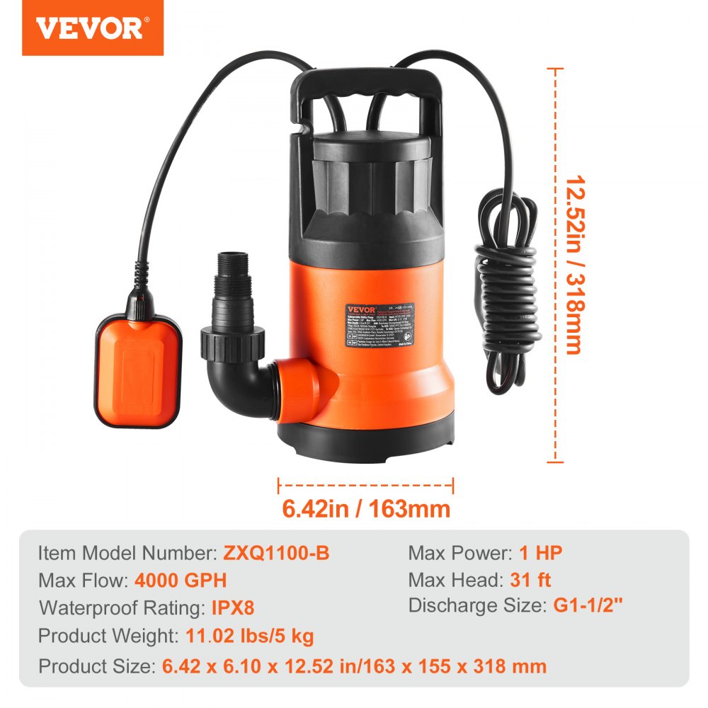 VEVOR Utility Pump, 1 HP, 4000 GPH High Flow, 31 ft Head, Sump Pump Submersible Water Pump Portable Utility Pump with
