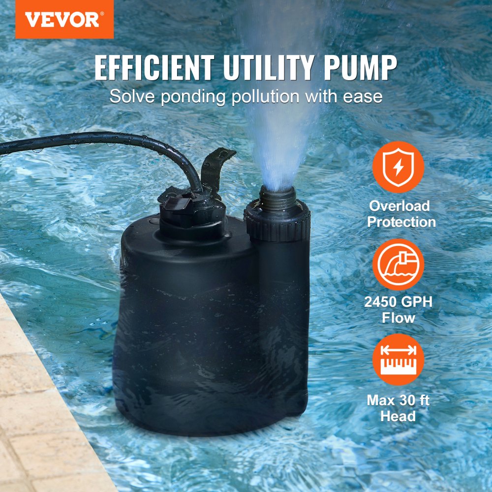VEVOR Utility Pump, 1/3 HP, 2450 GPH High Flow, 30 ft Head, Sump Pump Submersible Water Pump Portable Utility Pump with