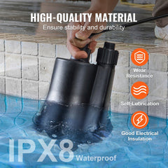 VEVOR Utility Pump, 1/3 HP, 2450 GPH High Flow, 30 ft Head, Sump Pump Submersible Water Pump Portable Utility Pump with