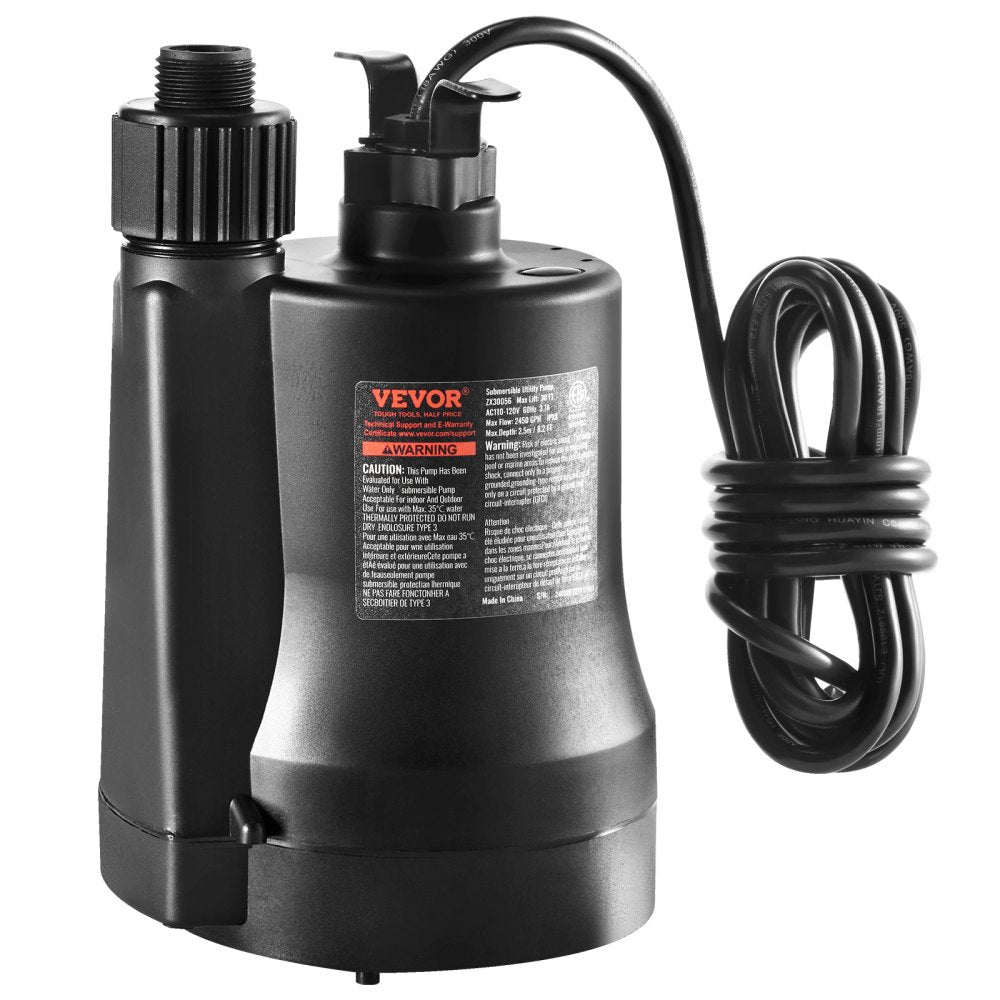 VEVOR Utility Pump, 1/3 HP, 2450 GPH High Flow, 30 ft Head, Sump Pump Submersible Water Pump Portable Utility Pump with