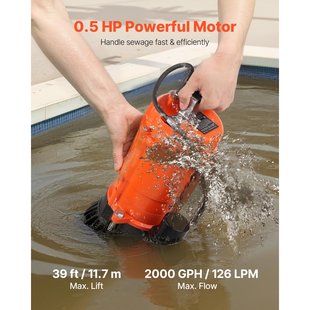 VEVOR 1/2 HP Submersible Trash Pump, 2000 GPH, 120V Cast Iron Submersible Sump Sewage Pump with 2 in Discharge, 39 ft