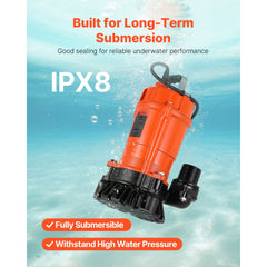 VEVOR 1/2 HP Submersible Trash Pump, 2000 GPH, 120V Cast Iron Submersible Sump Sewage Pump with 2 in Discharge, 39 ft
