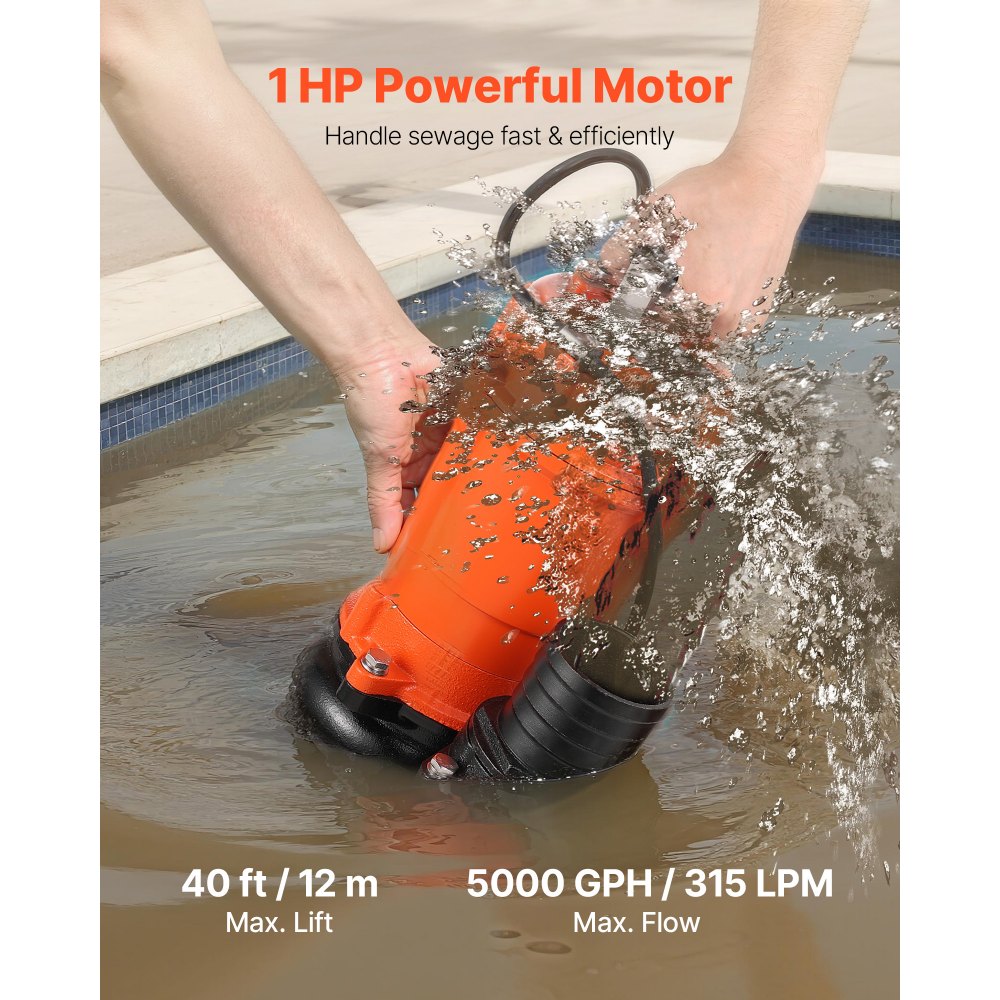 VEVOR 1 HP Submersible Trash Pump, 5000 GPH, 120V Cast Iron Submersible Sump Sewage Pump with 3 in Discharge, 40 ft Max
