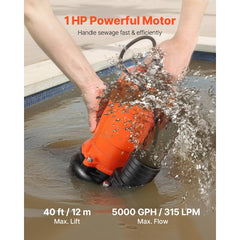 VEVOR 1 HP Submersible Trash Pump, 5000 GPH, 120V Cast Iron Submersible Sump Sewage Pump with 3 in Discharge, 40 ft Max