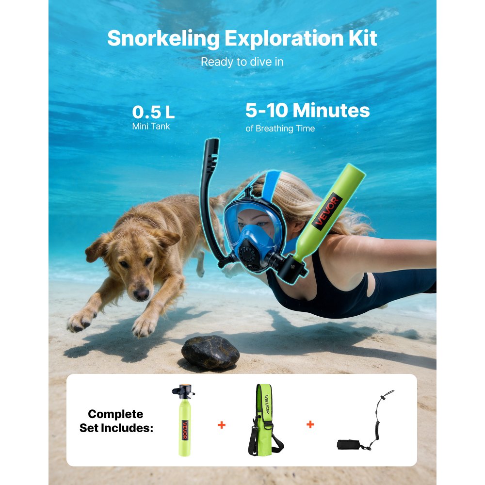 VEVOR Mini Scuba Tank, 0.5L Portable Diving Tank for Underwater Breathing, Reusable Lung Diving Cylinder up to 10