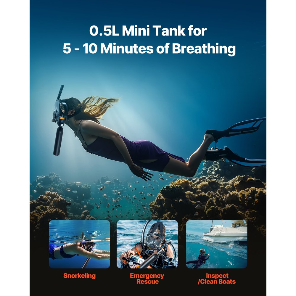 VEVOR Scuba Tank, 0.5L Portable Scuba Diving Tank, Diving Oxygen Cylinder Supports 5-10 Minutes Underwater Breathing