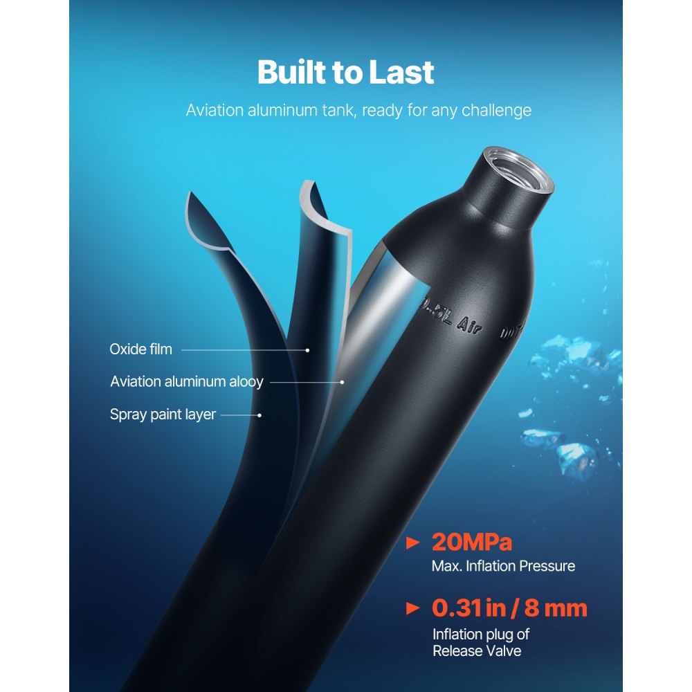 VEVOR Scuba Tank, 0.5L Portable Scuba Diving Tank, Diving Oxygen Cylinder Supports 5-10 Minutes Underwater Breathing