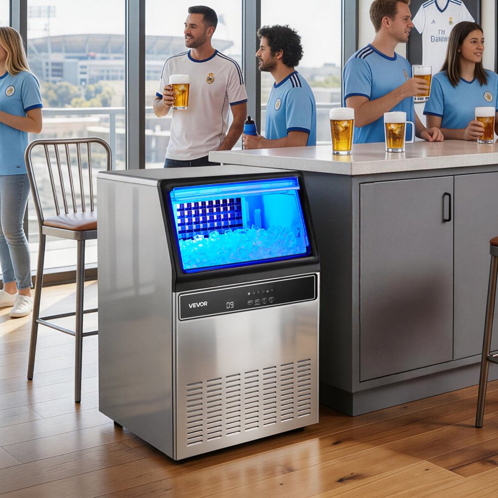 VEVOR Commercial Ice Maker Machine, 120Lbs/24H with 33Lbs Storage, 45 Cubes per Cycle, Stainless Steel Freestanding &