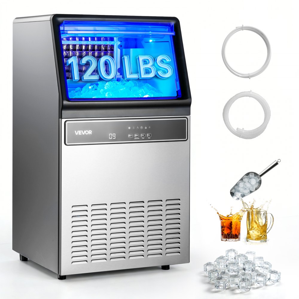 VEVOR Commercial Ice Maker Machine, 120Lbs/24H with 33Lbs Storage, 45 Cubes per Cycle, Stainless Steel Freestanding &