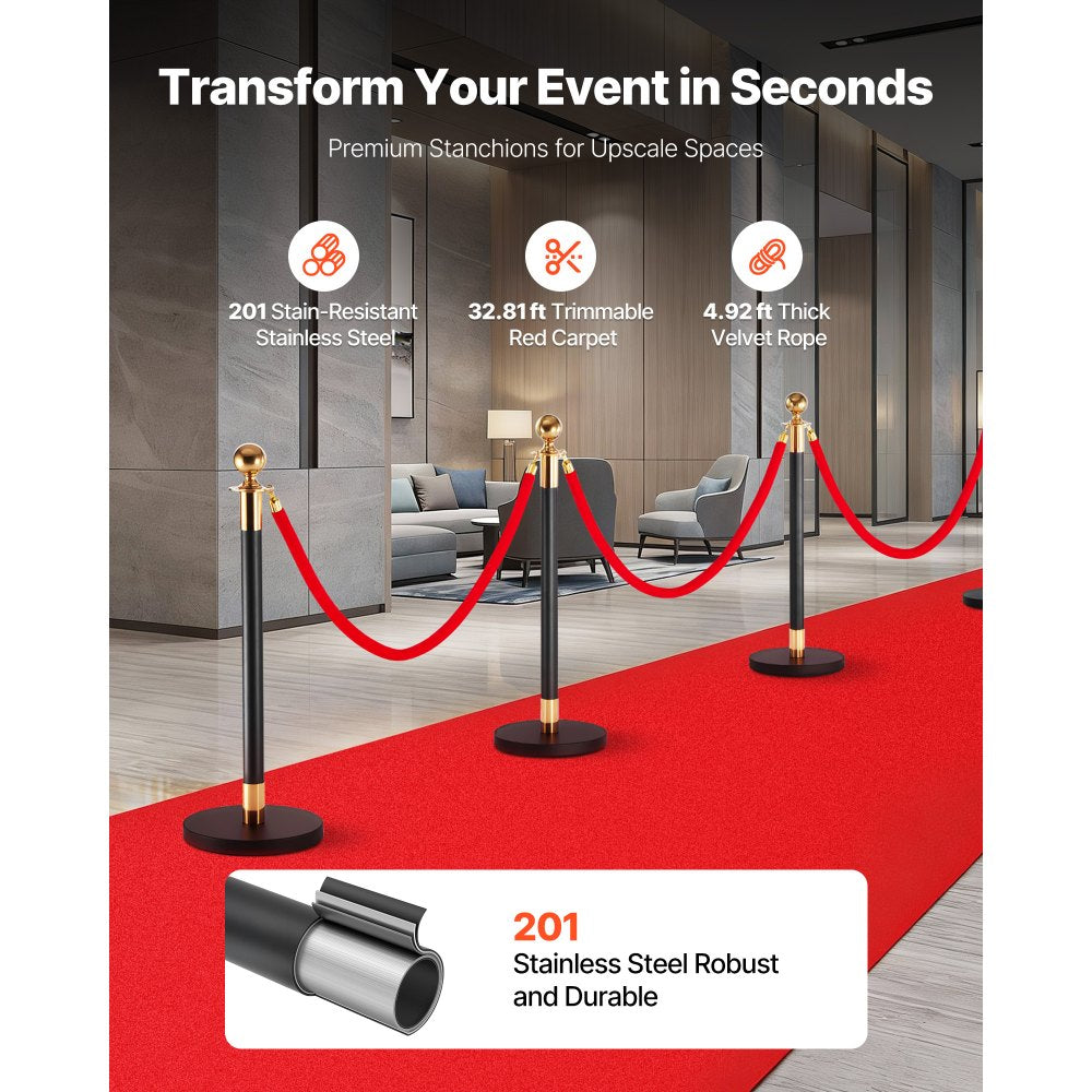 VEVOR Stanchion Post, 6 Pcs Crowd Control Barrier Set with Red Carpet, 4 Red Velvet Ropes, Stainless Steel Gold