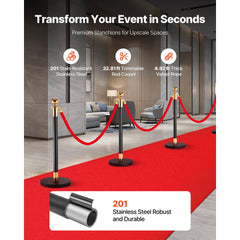 VEVOR Stanchion Post, 6 Pcs Crowd Control Barrier Set with Red Carpet, 4 Red Velvet Ropes, Stainless Steel Gold