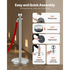 VEVOR Stanchions and Velvet Ropes 6Pcs, Hollow Base with Stainless Steel Post, 3 Red Velvet Ropes and Posts, Crowd