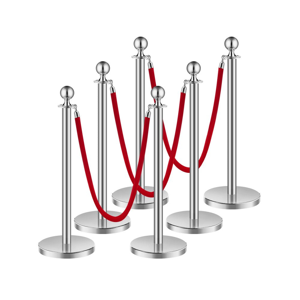 VEVOR Stanchions and Velvet Ropes 6Pcs, Hollow Base with Stainless Steel Post, 3 Red Velvet Ropes and Posts, Crowd