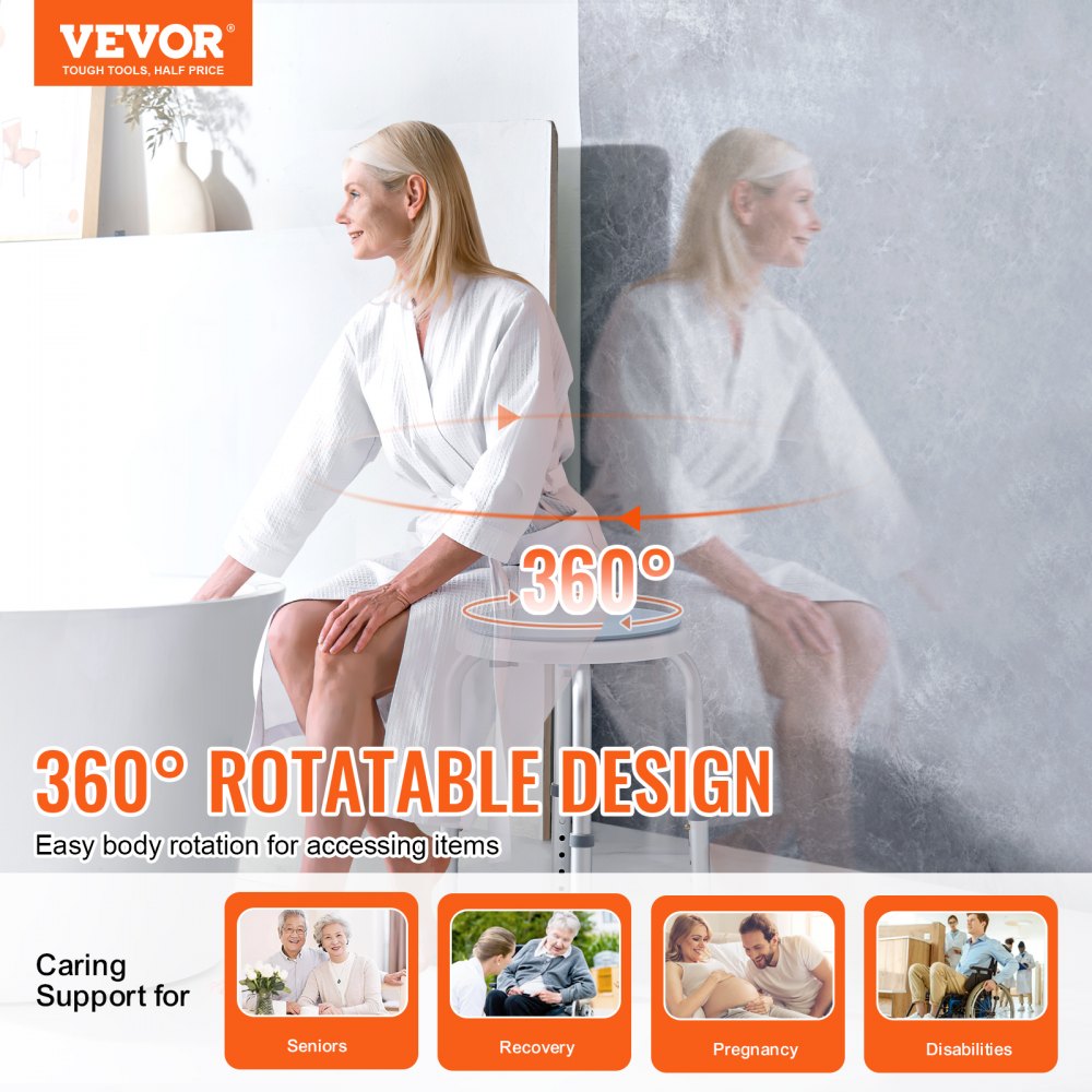 VEVOR Shower Chair for Inside Shower, 360 Degree Swivel Shower Seat, Adjustable Height Shower Stool, Non-Slip Bench